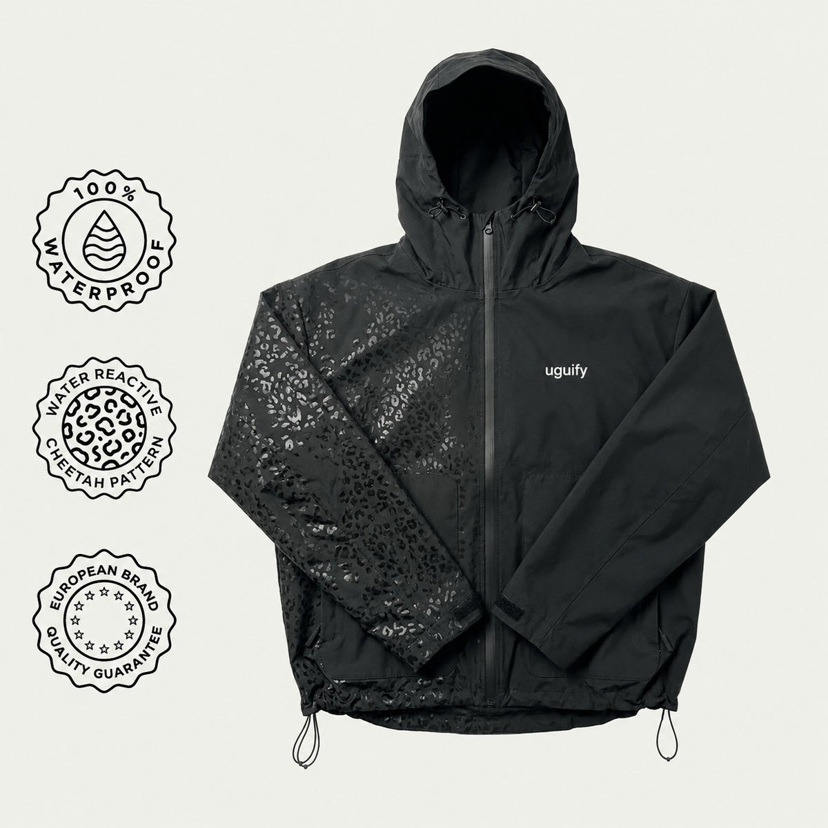 Lexi Cheetah Water-Reactive Rain Jacket – Black