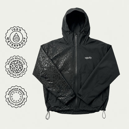 Lexi Cheetah Water-Reactive Rain Jacket – Black