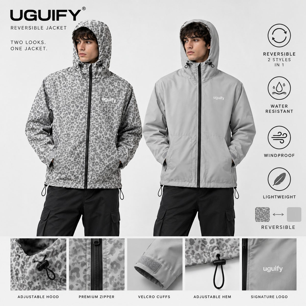 Lexi Cheetah Water-Reactive Rain Jacket – Grey