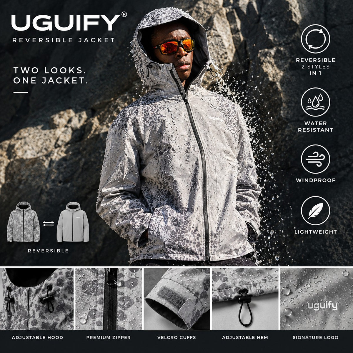 Lexi Cheetah Water-Reactive Rain Jacket – Grey