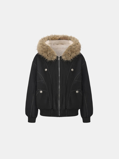 Women's Faux Fur Lined Hooded Bomber Jacket in black – front view