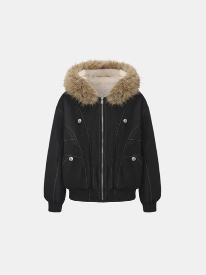 Women's Faux Fur Lined Hooded Bomber Jacket in black – front view
