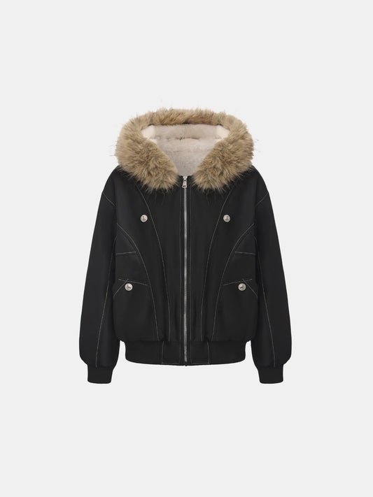 Women's Faux Fur Lined Hooded Bomber Jacket in black – front view