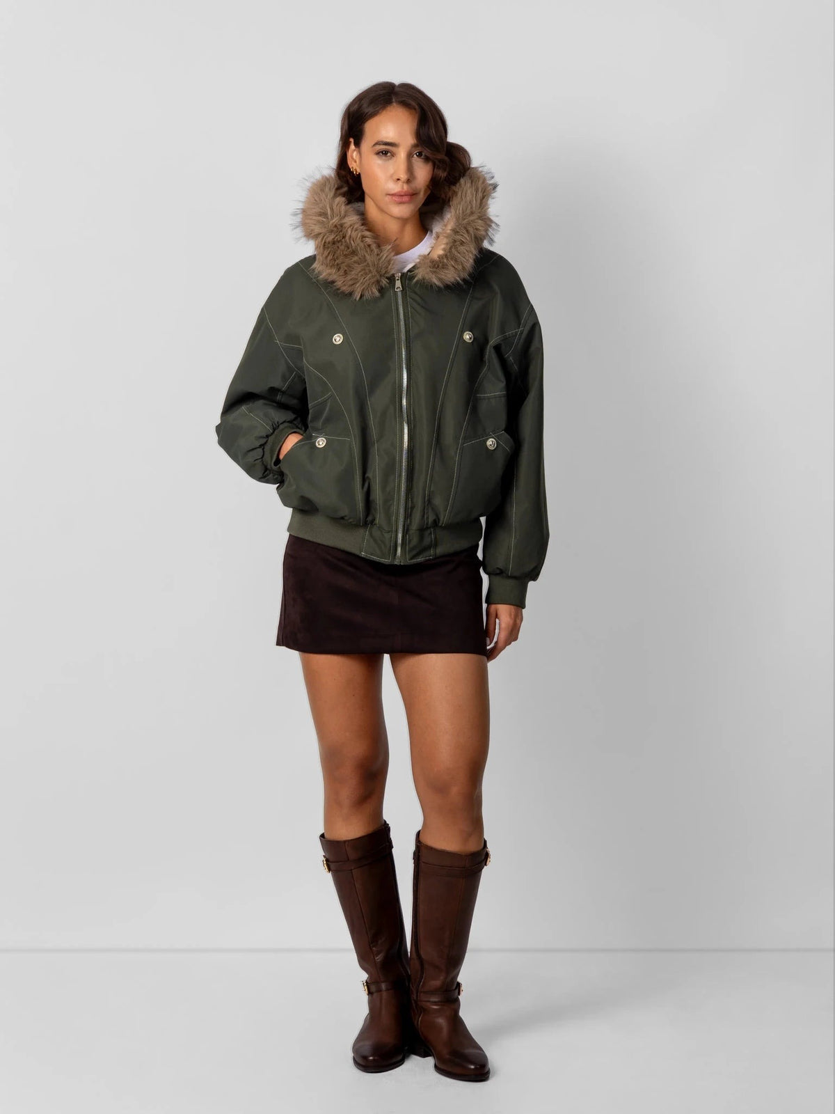 Women's Faux Fur Lined Hooded Bomber Jacket in black – view 2