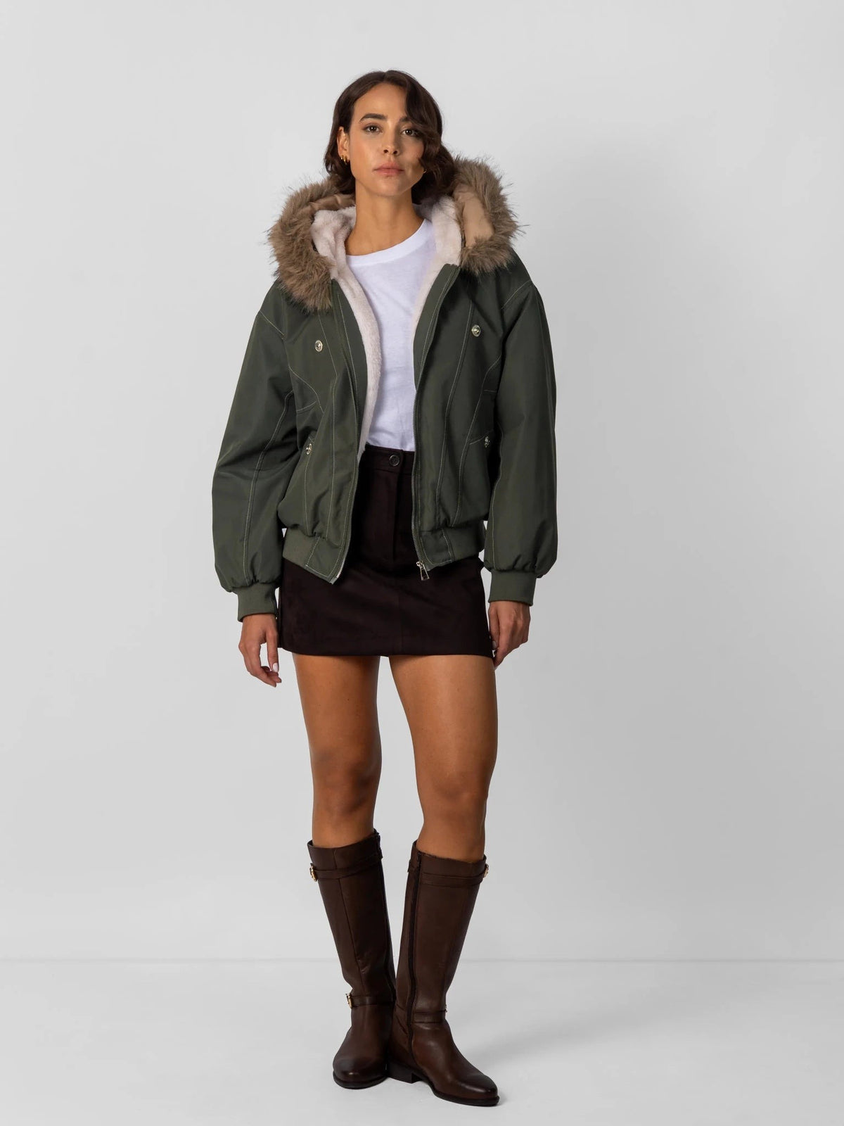 Women's Faux Fur Lined Hooded Bomber Jacket in black – view 3
