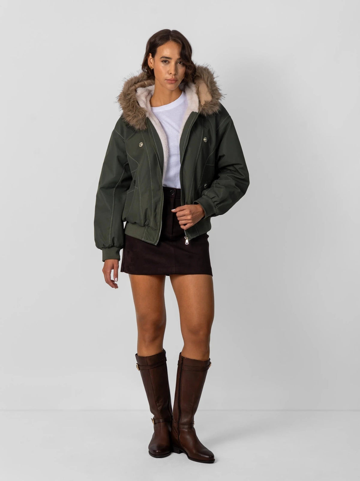 Women's Faux Fur Lined Hooded Bomber Jacket in black – view 4
