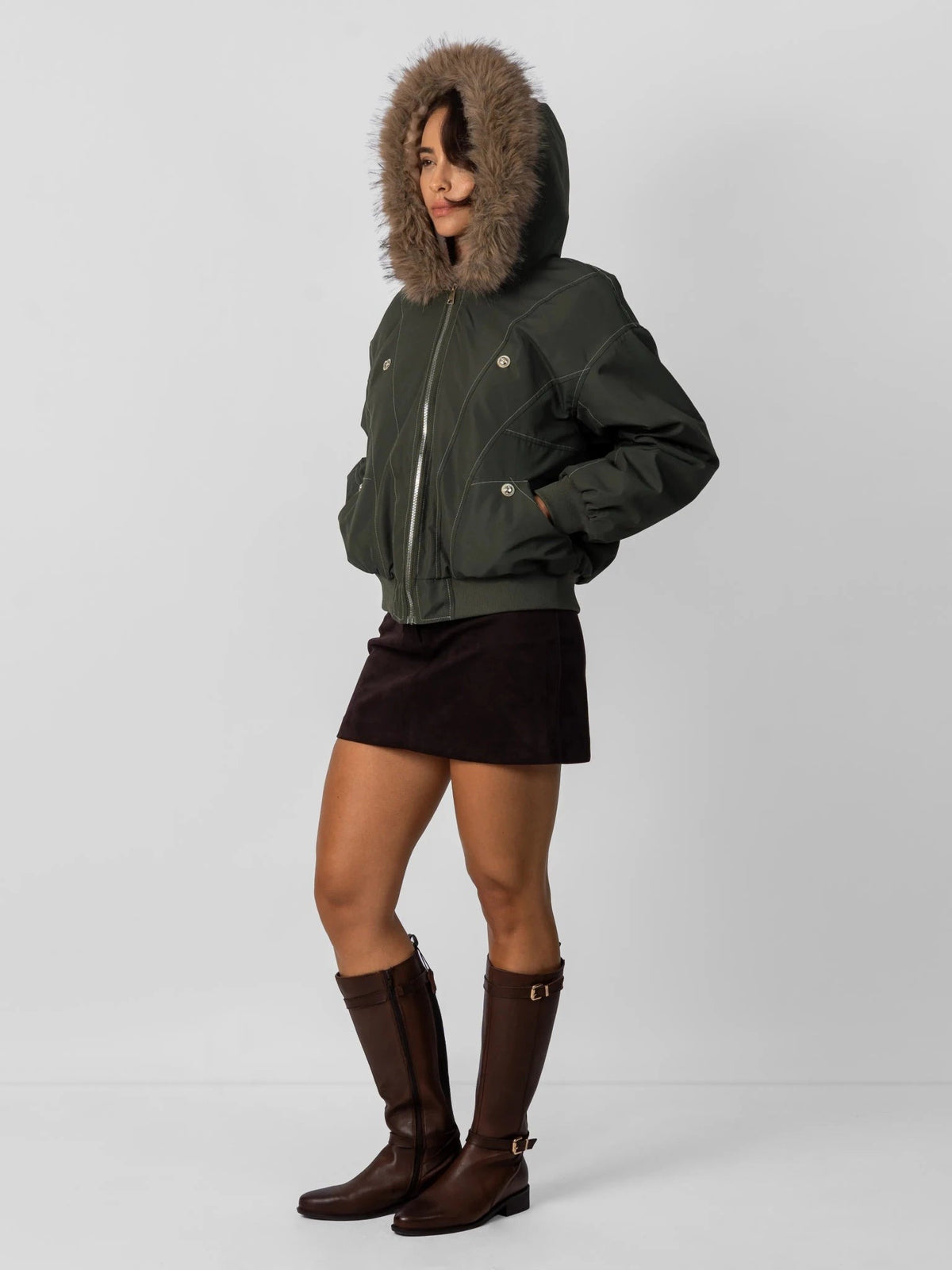 Women's Faux Fur Lined Hooded Bomber Jacket in black – view 5