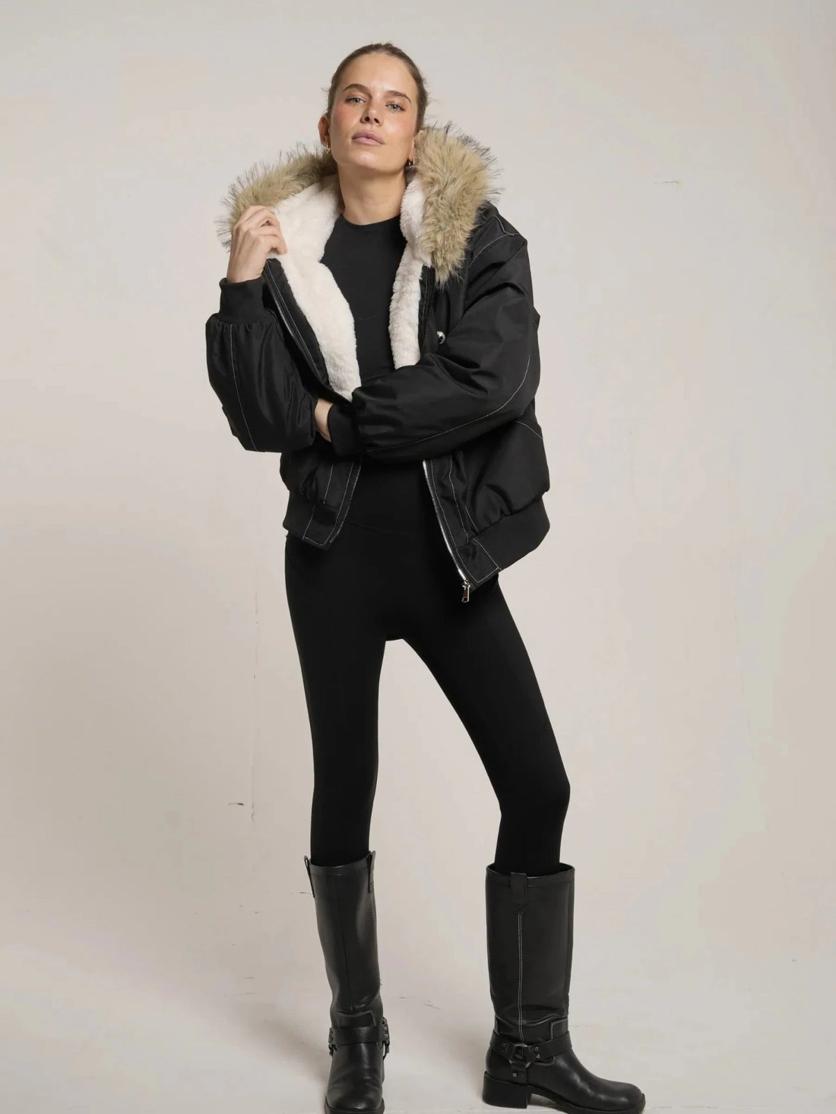 Women's Faux Fur Lined Hooded Bomber Jacket in black – view 6
