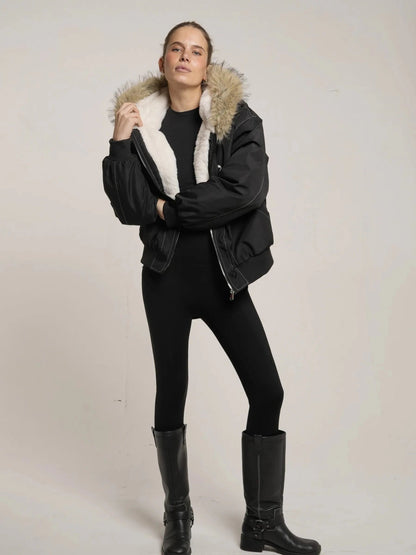Women's Faux Fur Lined Hooded Bomber Jacket in black – view 6