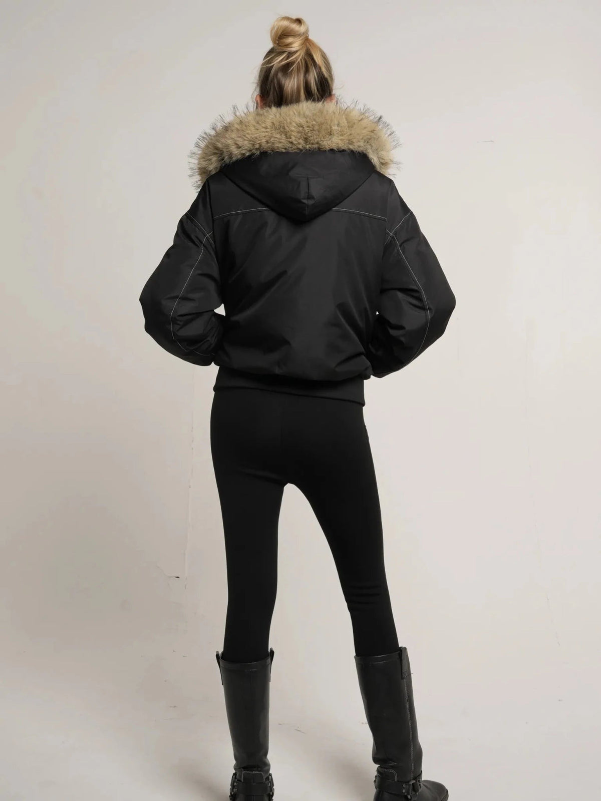 Women's Faux Fur Lined Hooded Bomber Jacket in black – view 7