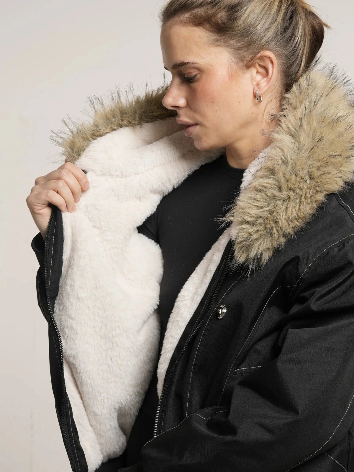 Women's Faux Fur Lined Hooded Bomber Jacket in black – view 8