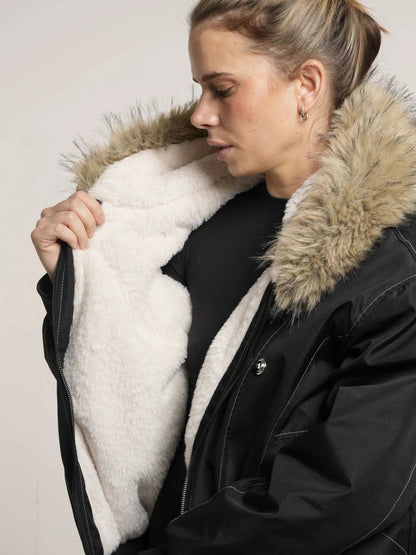 Women's Faux Fur Lined Hooded Bomber Jacket in black – view 8
