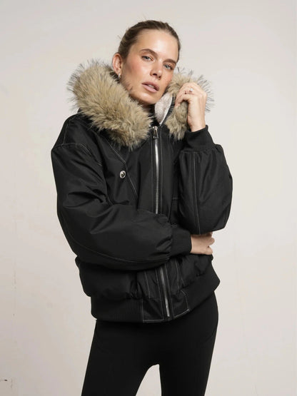 Women's Faux Fur Lined Hooded Bomber Jacket in black – view 9