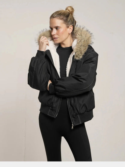 Women's Faux Fur Lined Hooded Bomber Jacket in black – view 10