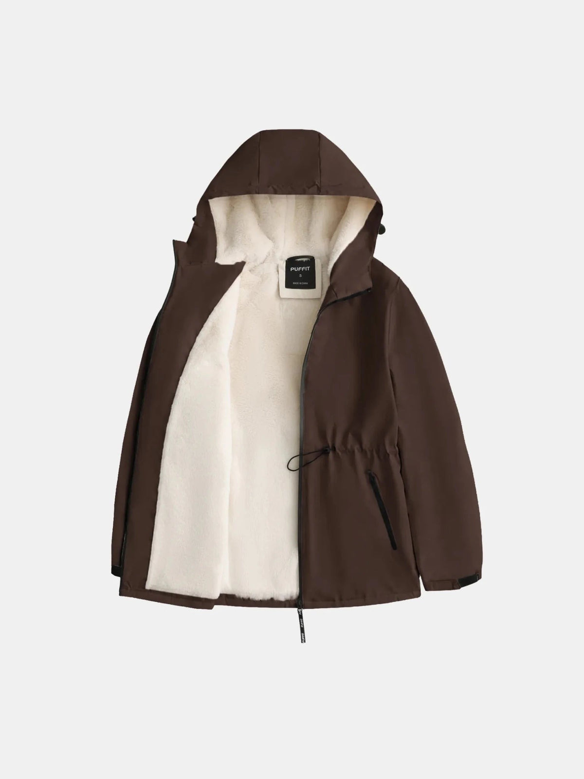 Women's Faux Fur Lined Waterproof Rain Jacket in mocha brown – front view