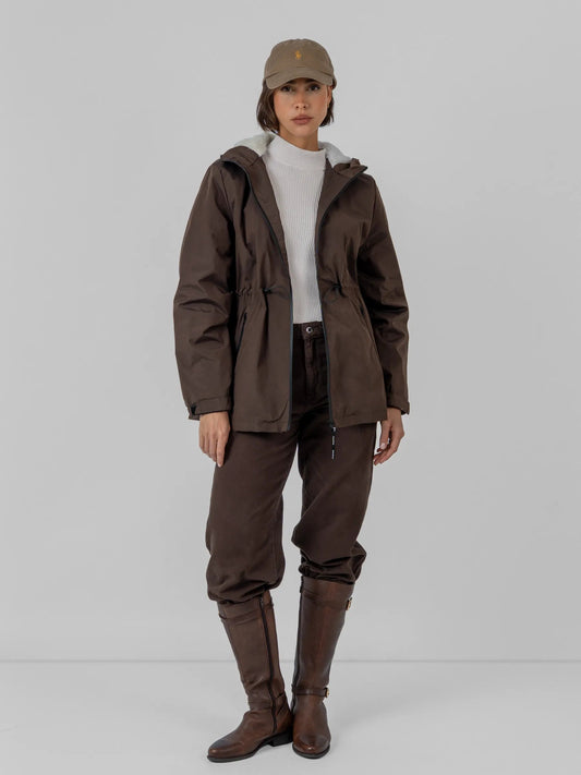 Women's Faux Fur Lined Waterproof Rain Jacket in mocha brown – view 2