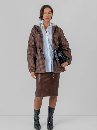 Women's Faux Fur Lined Waterproof Rain Jacket in mocha brown – view 3