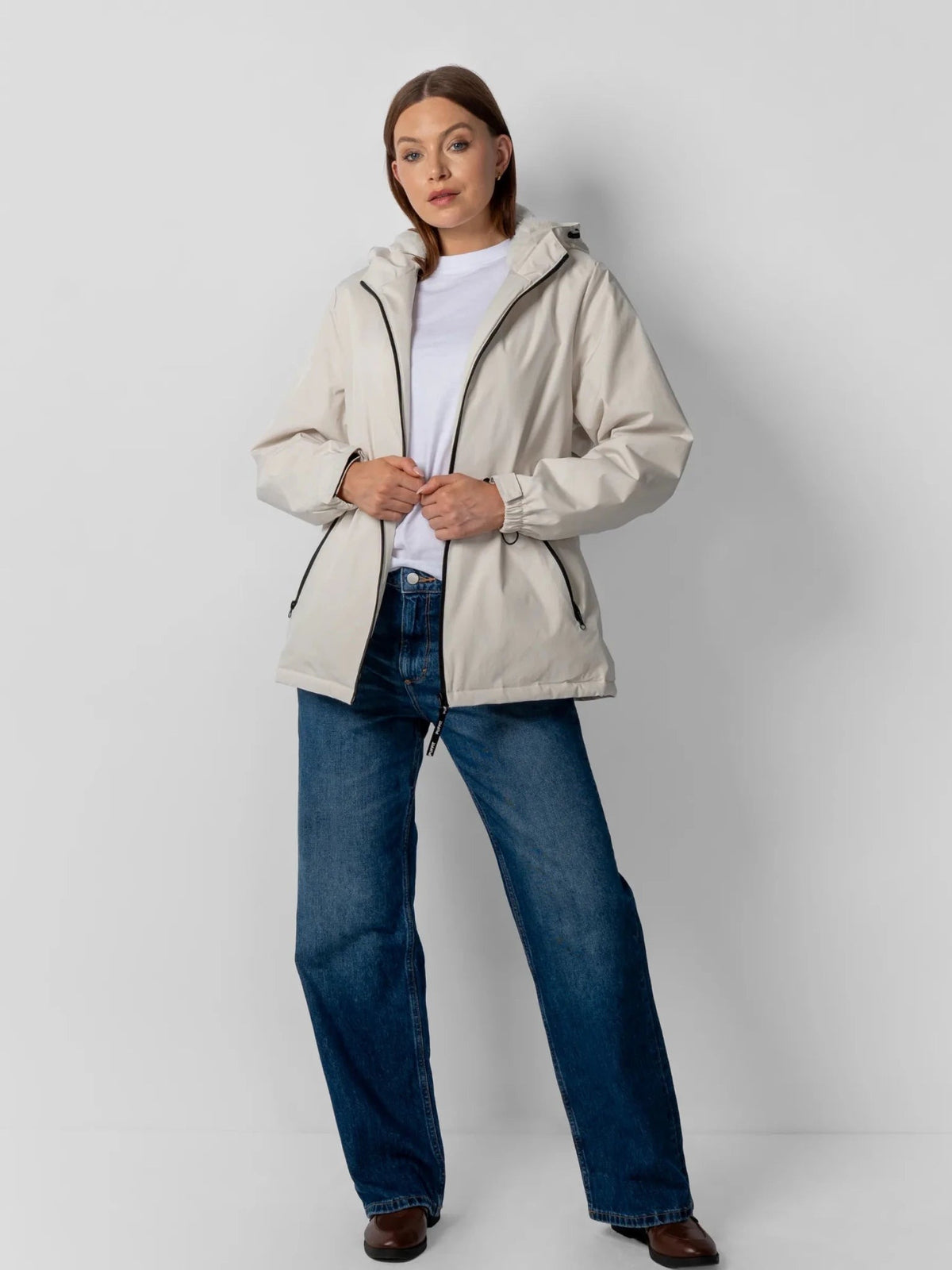 Women's Faux Fur Lined Waterproof Rain Jacket in mocha brown – view 4