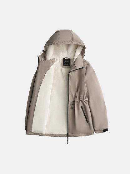 Women's Faux Fur Lined Waterproof Rain Jacket in mocha brown – view 11