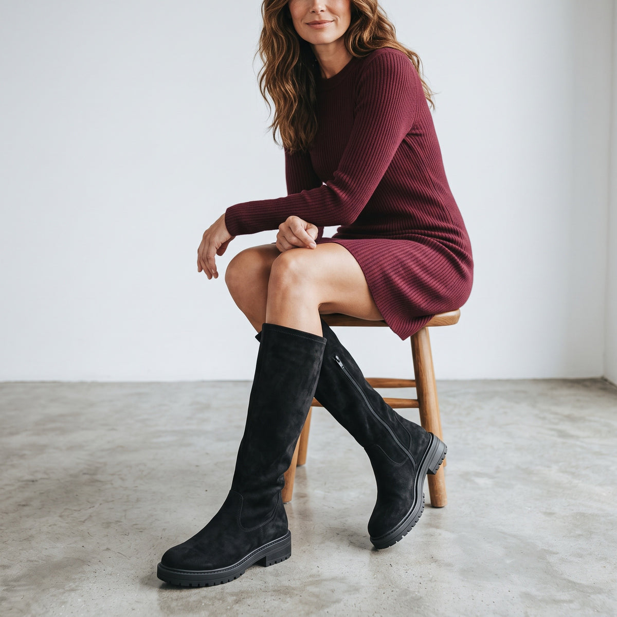Women's Knee High Stretch Boots in black – front view