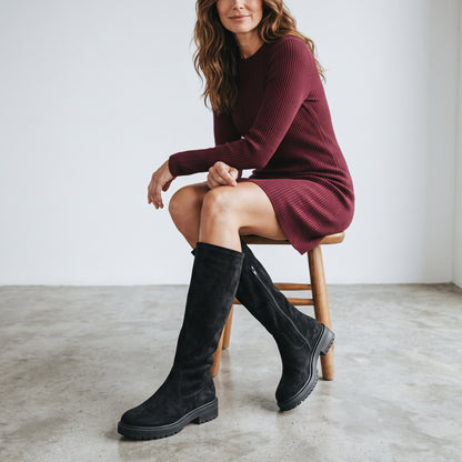 Women's Knee High Stretch Boots in black – front view