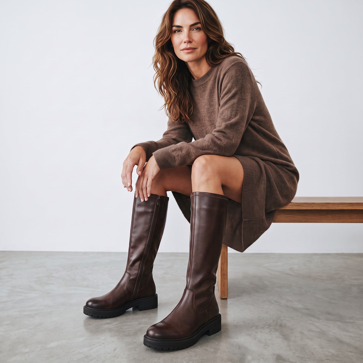 Women's Knee High Stretch Boots in chocolate brown – front view