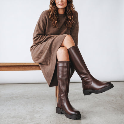 Women's Knee High Stretch Boots in chocolate brown – view 2