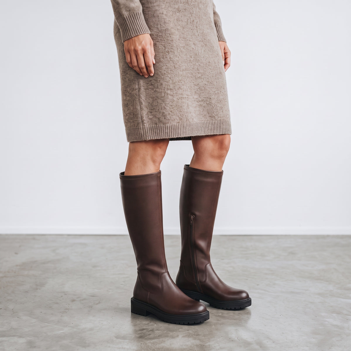 Women's Knee High Stretch Boots in chocolate brown – view 3