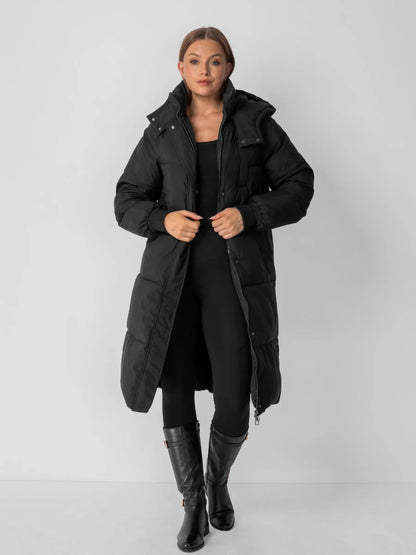 Women's Long Faux Fur Lined Hooded Puffer Coat in black – view 12