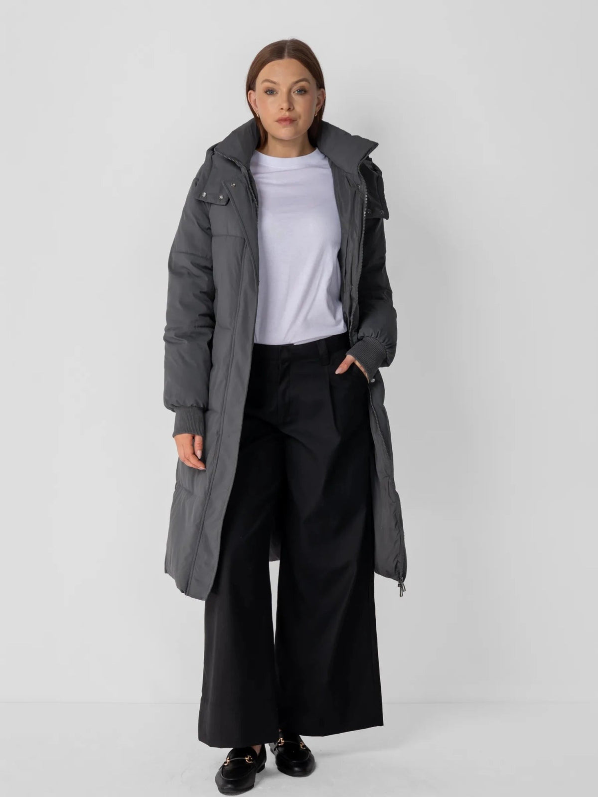 Women's Long Faux Fur Lined Hooded Puffer Coat in black – view 13