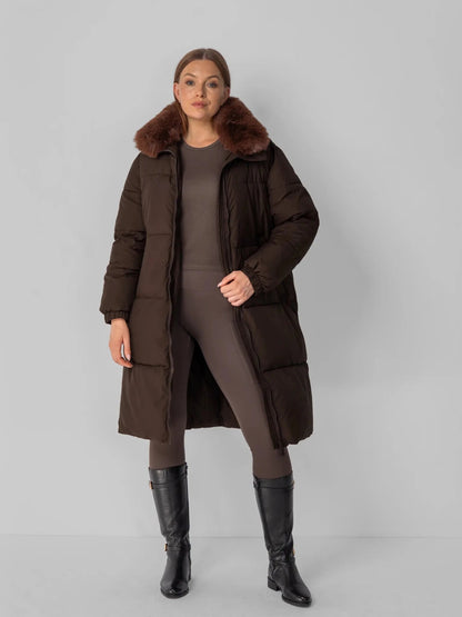 Women's Long Faux Fur Lined Hooded Puffer Coat in black – view 15