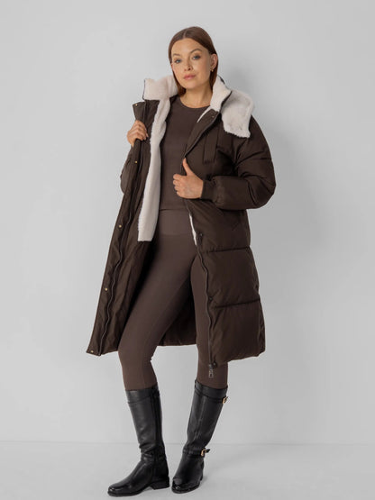 Women's Long Faux Fur Lined Hooded Puffer Coat in black – view 16
