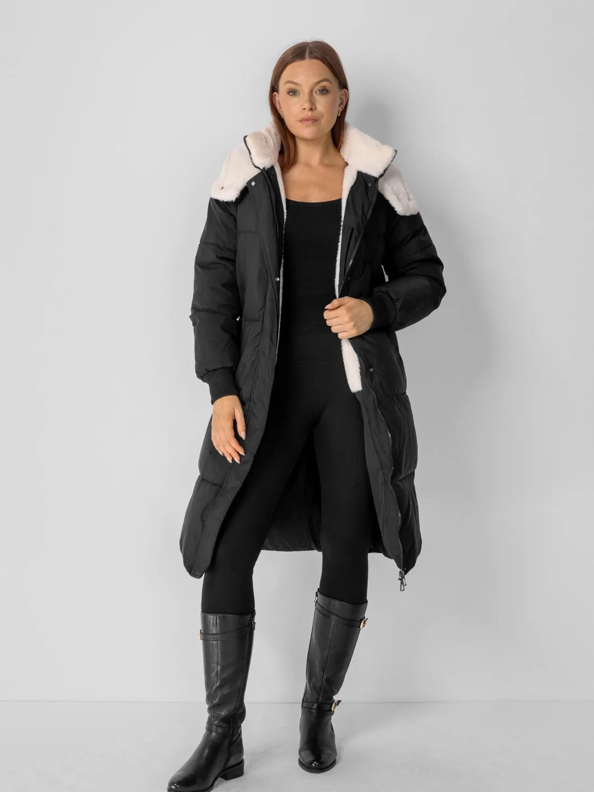 Women's Long Faux Fur Lined Hooded Puffer Coat in black – view 17