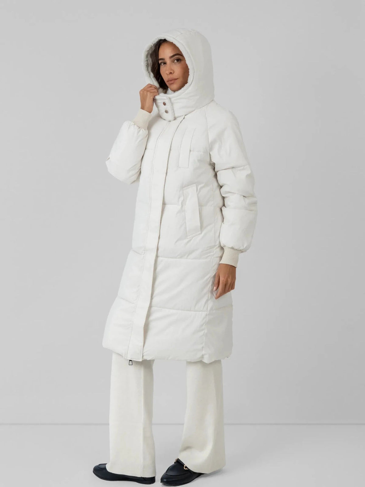 Women's Long Faux Fur Lined Hooded Puffer Coat in black – view 25