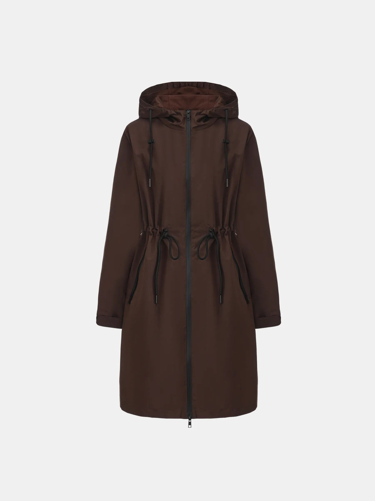 Women's Long Waterproof Raincoat with Warm Lining in black – front view