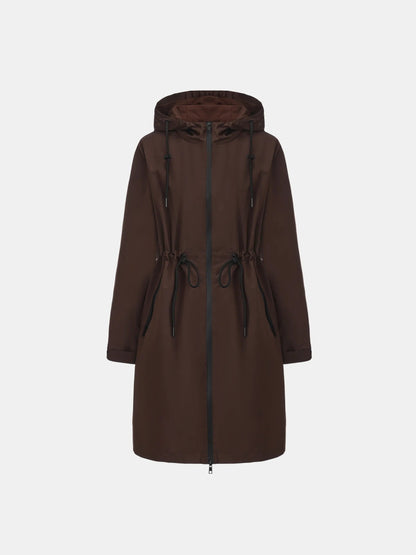 Women's Long Waterproof Raincoat with Warm Lining in black – front view