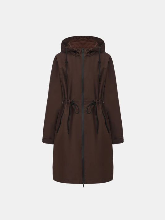 Women's Long Waterproof Raincoat with Warm Lining in black – front view