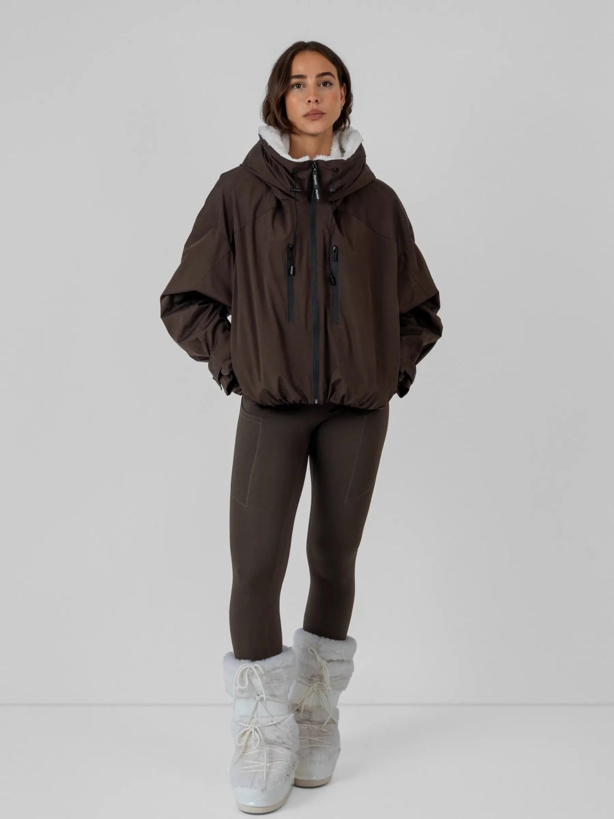 Women's Oversized Faux Fur Padded Waterproof Rain Jacket in mocha brown – view 42