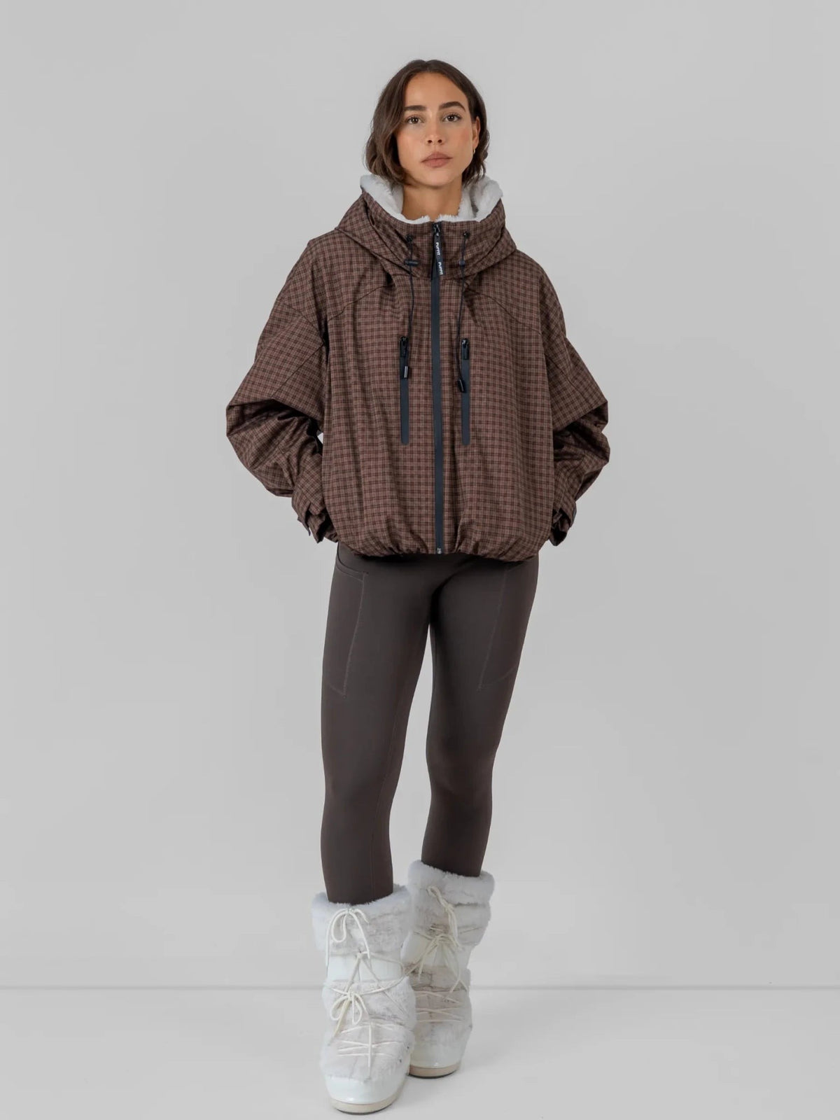 Women's Oversized Faux Fur Padded Waterproof Rain Jacket in mocha brown – view 45