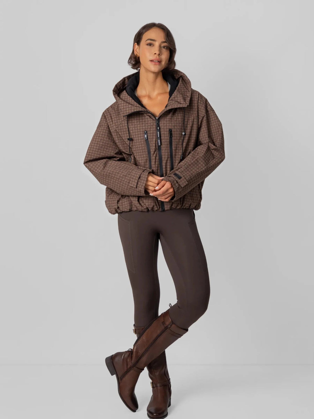 Women's Oversized Fleece Lined Waterproof Rain Jacket in mocha brown – view 48