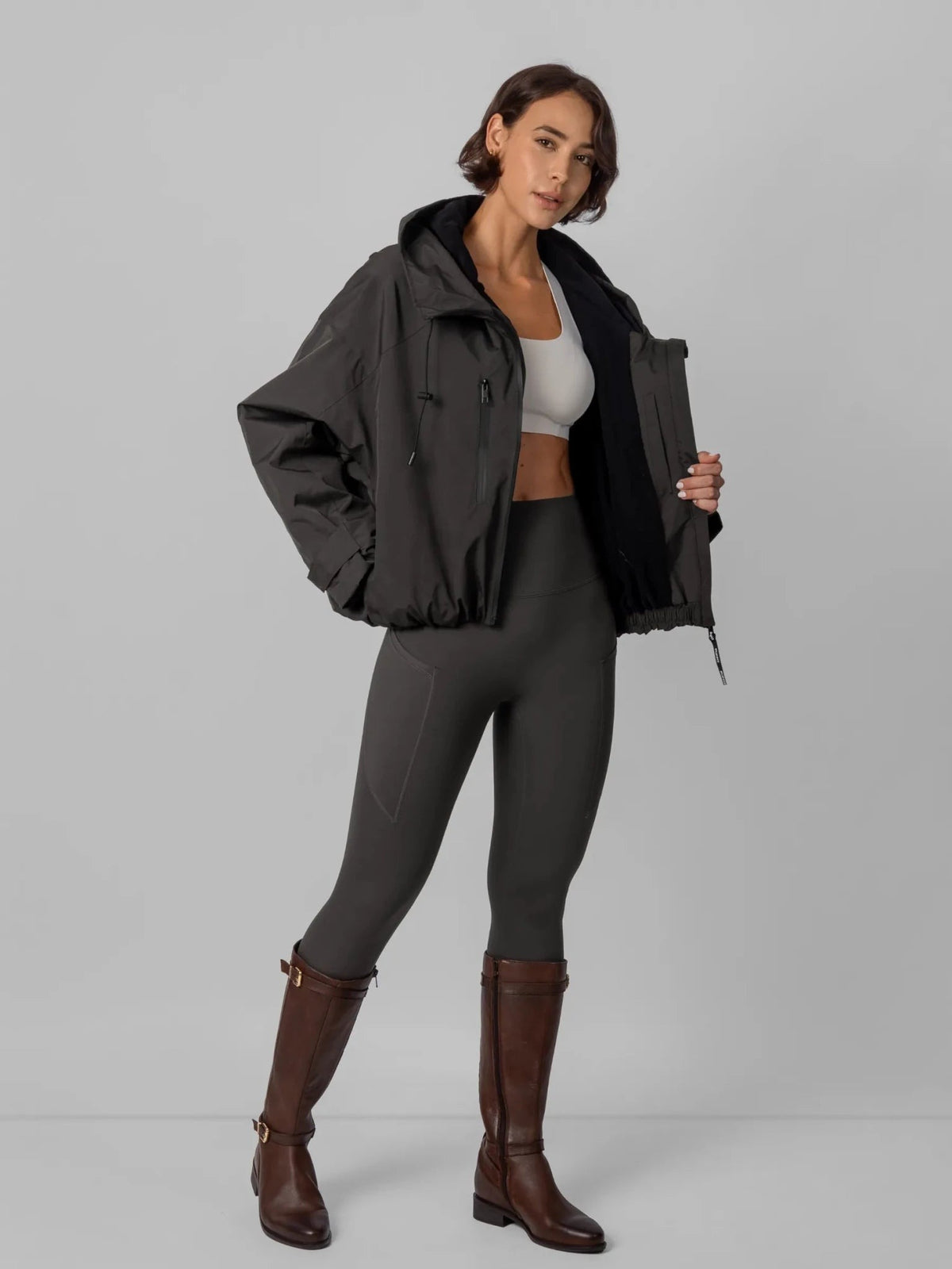 Women's Oversized Fleece Lined Waterproof Rain Jacket in mocha brown – view 51