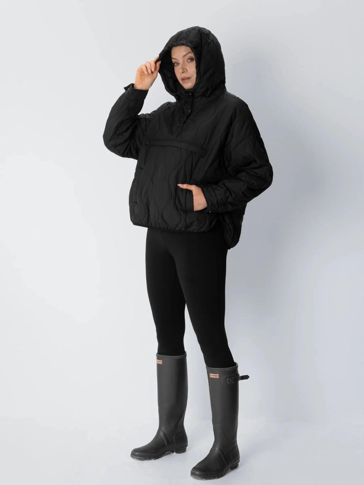 Women's Packable Quilted Puffer Hoodie in black – view 9
