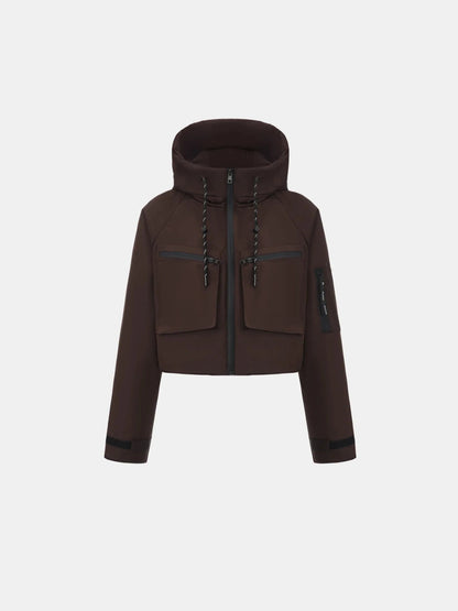 Women's Padded Cropped Waterproof Rain Jacket in mocha brown – front view