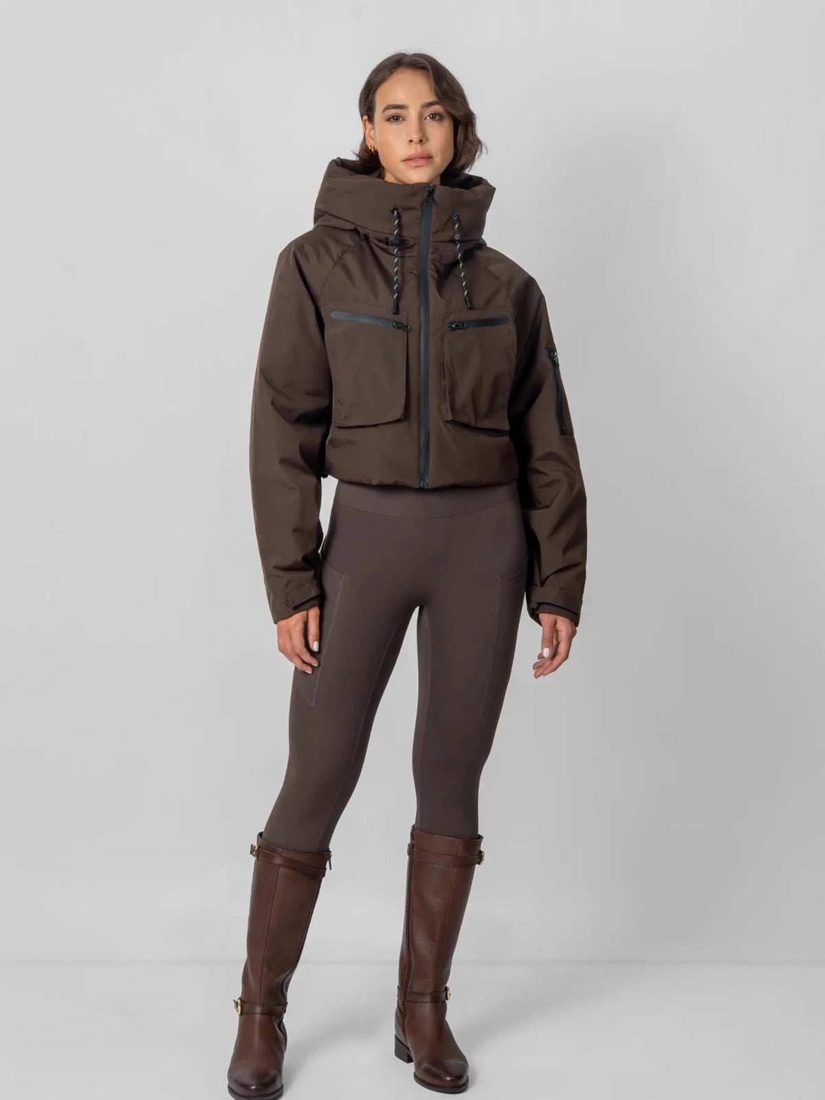 Women's Padded Cropped Waterproof Rain Jacket in mocha brown – view 2