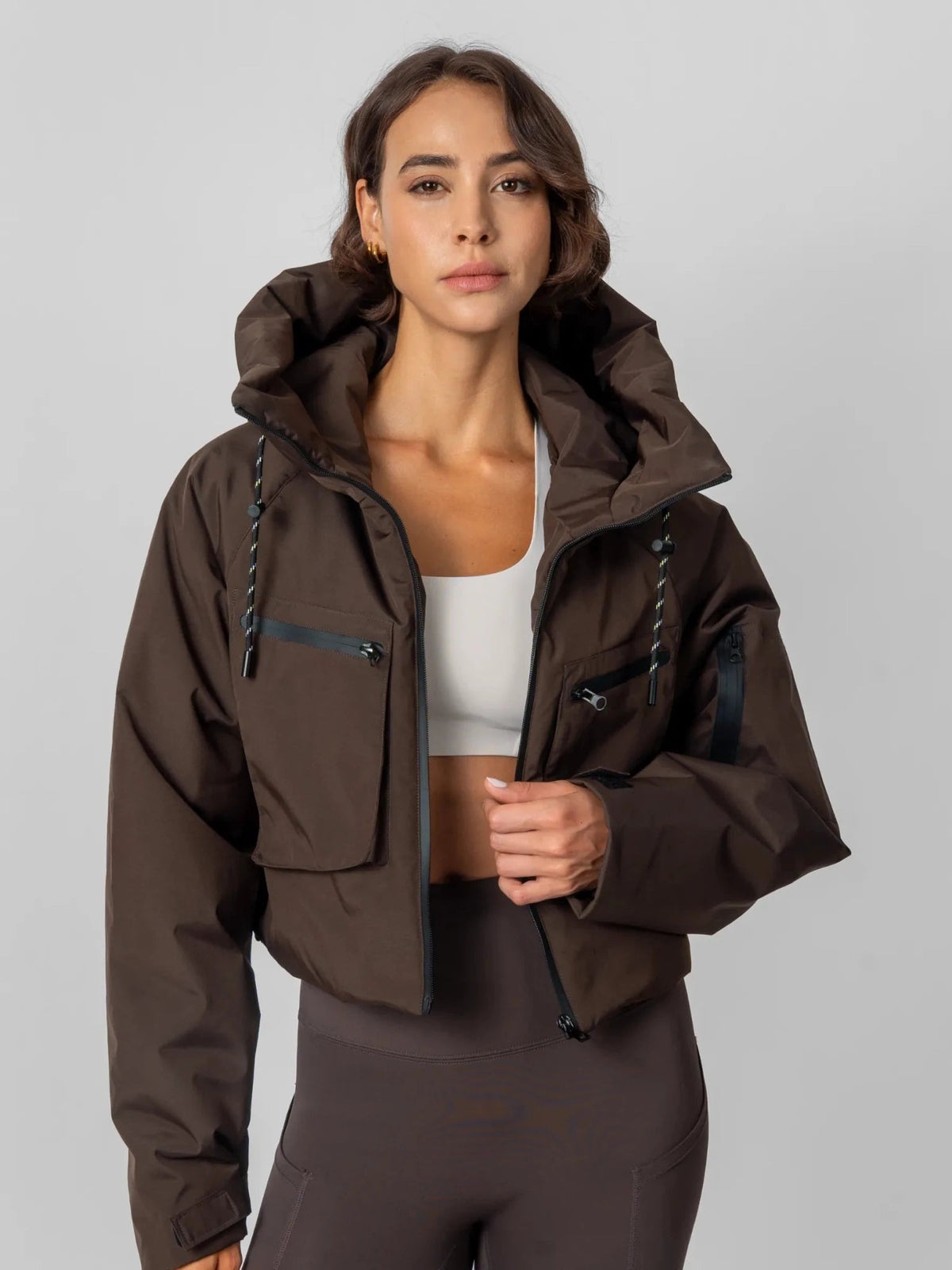 Women's Padded Cropped Waterproof Rain Jacket in mocha brown – view 5