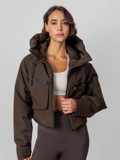 Women's Padded Cropped Waterproof Rain Jacket in mocha brown – view 5