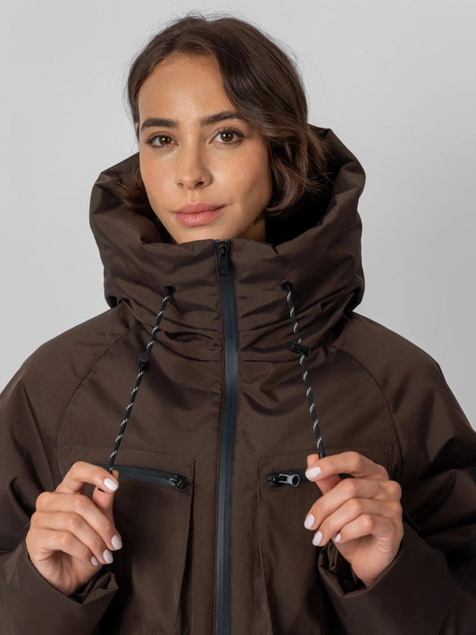 Women's Padded Cropped Waterproof Rain Jacket in mocha brown – view 6