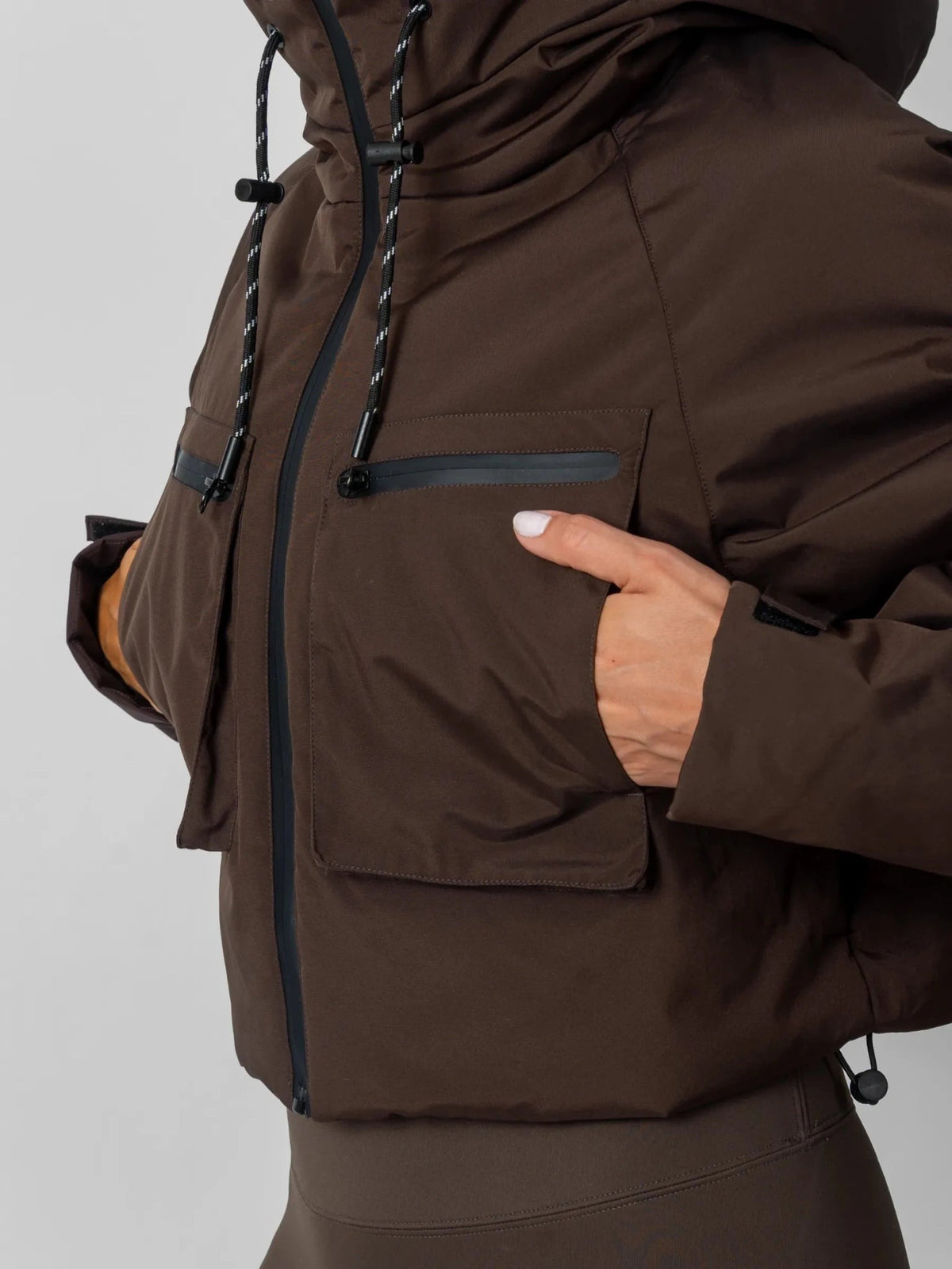 Women's Padded Cropped Waterproof Rain Jacket in mocha brown – view 10