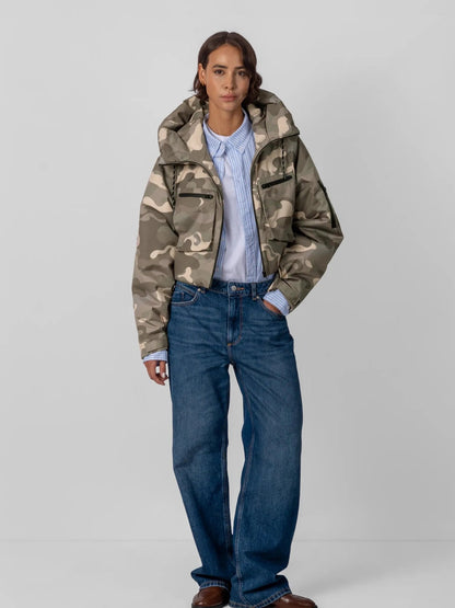 Women's Padded Cropped Waterproof Rain Jacket in mocha brown – view 13
