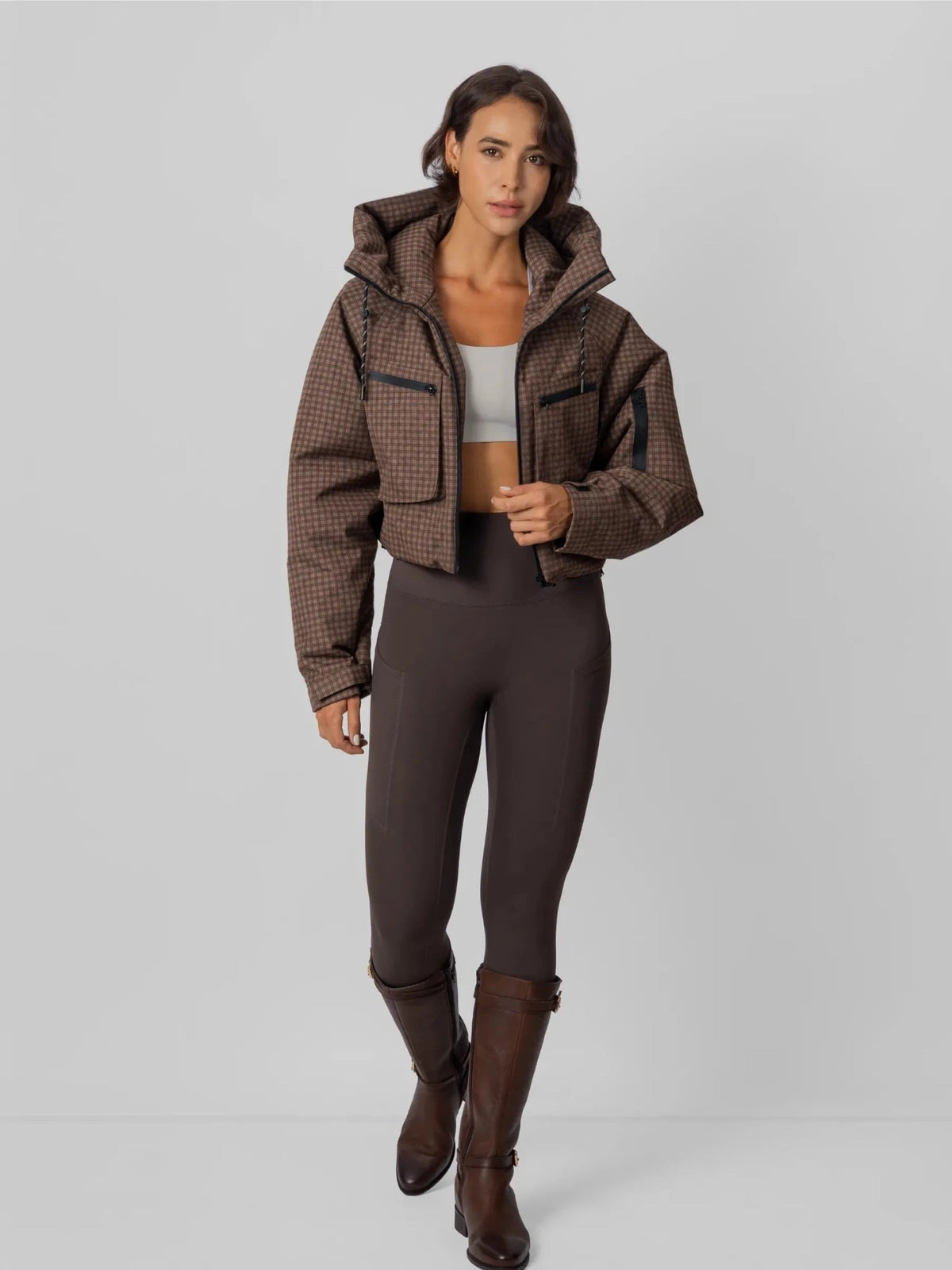 Women's Padded Cropped Waterproof Rain Jacket in mocha brown – view 14